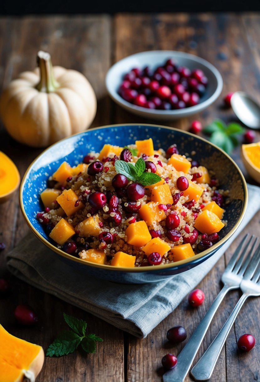 A rustic wooden table set with a colorful bowl of Butternut Squash and Cranberry Quinoa Salad, surrounded by fresh ingredients and a scattering of cranberries