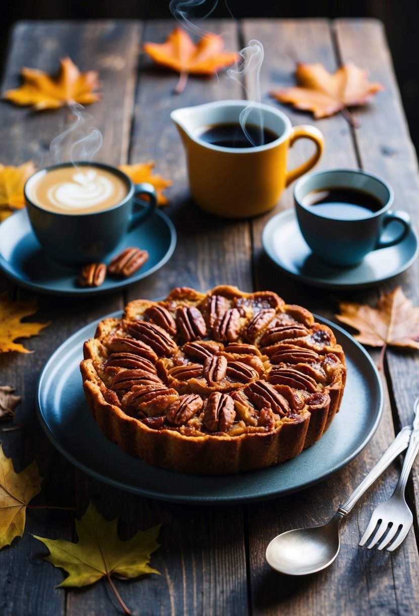 A rustic kitchen table with a warm, golden-brown Pecan Praline Bread Pudding as the centerpiece, surrounded by autumn leaves and a steaming cup of coffee