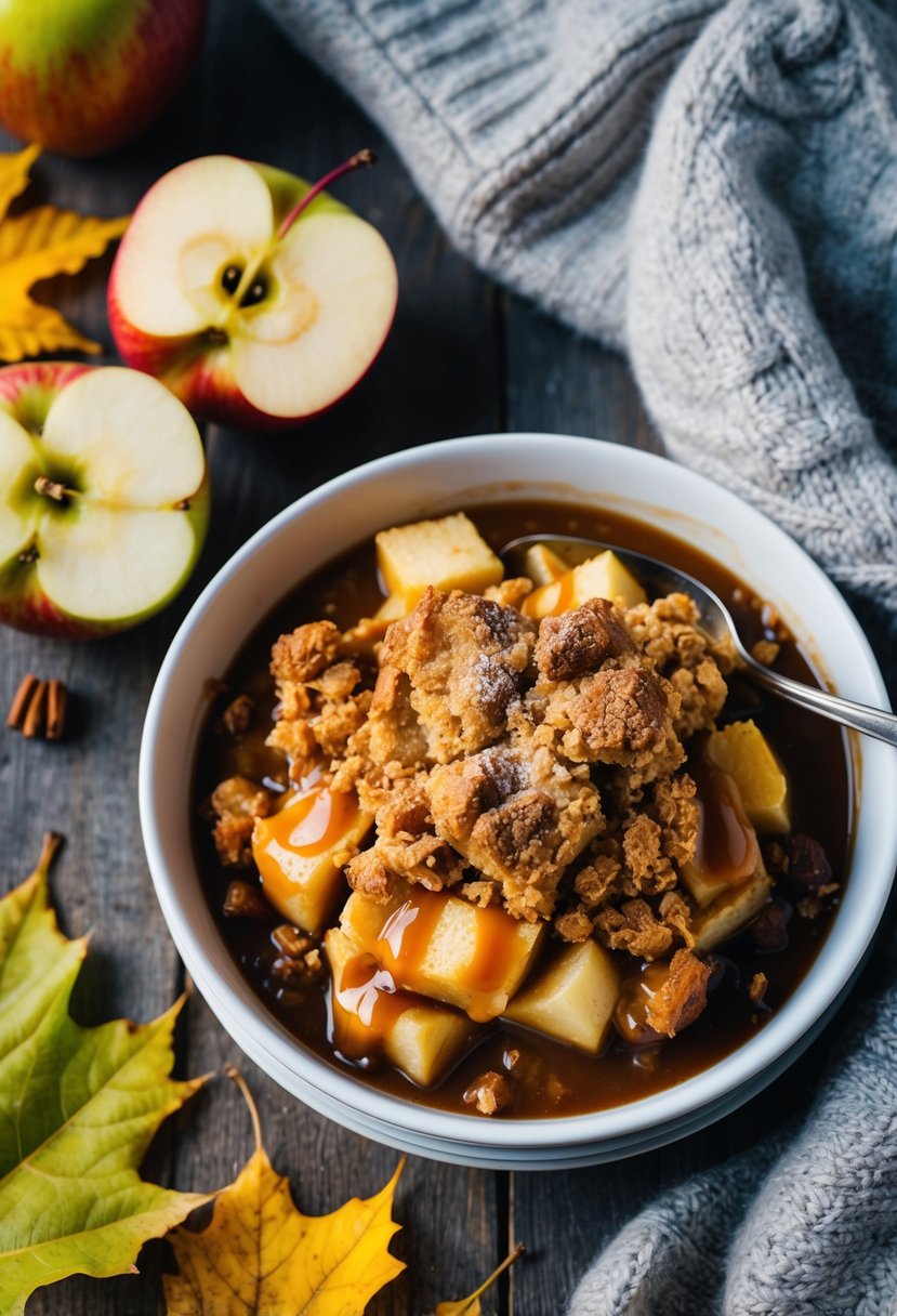 A rustic apple crisp topped with salted caramel sauce, surrounded by fall leaves and a cozy sweater