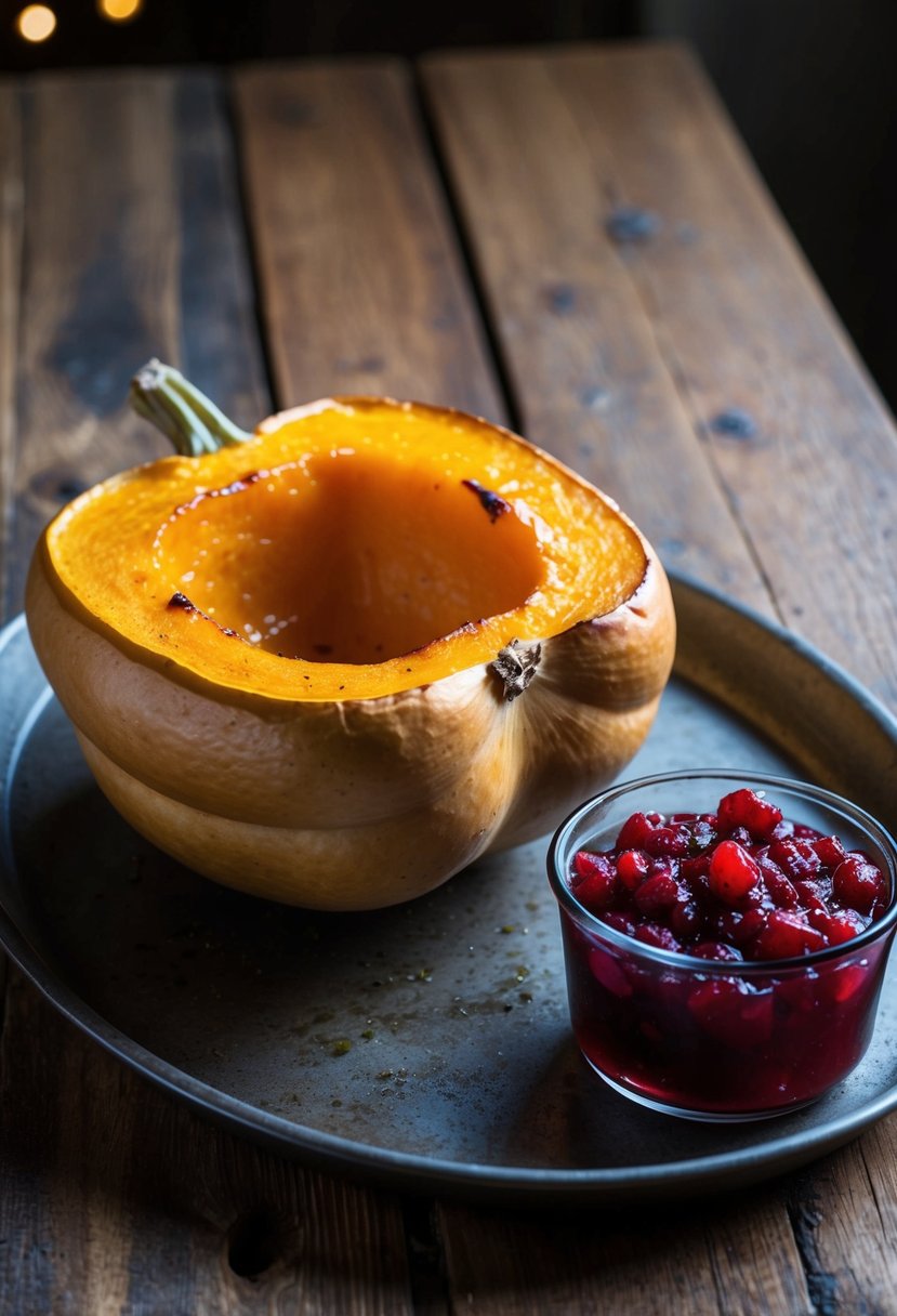 A golden butternut squash, roasted and glistening with maple glaze, sits on a rustic wooden table next to a vibrant cranberry relish