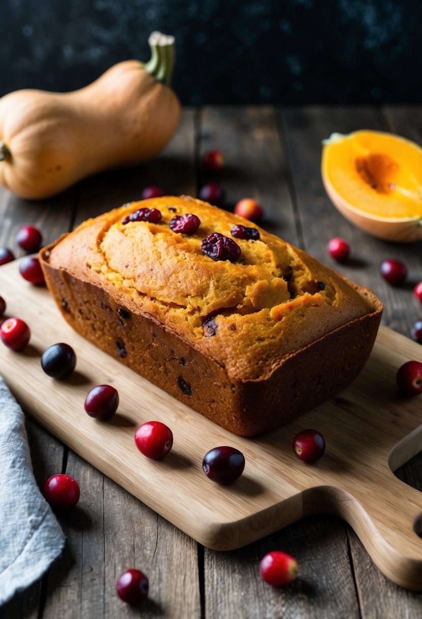 A rustic kitchen scene with a loaf of Butternut Squash Cranberry Bread cooling on a wooden cutting board, surrounded by fresh cranberries and a butternut squash