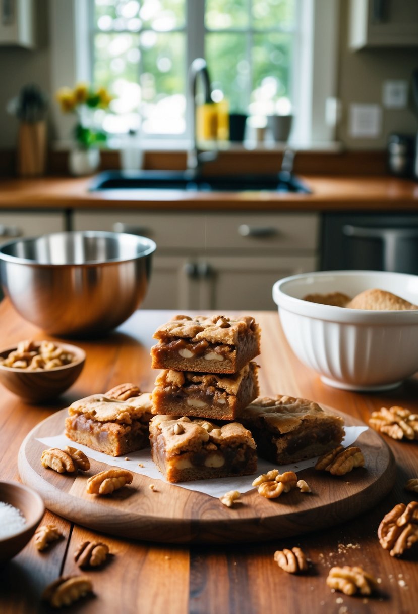 A warm kitchen with a wooden table adorned with freshly baked Maple Walnut Blondies, a mixing bowl, and scattered ingredients