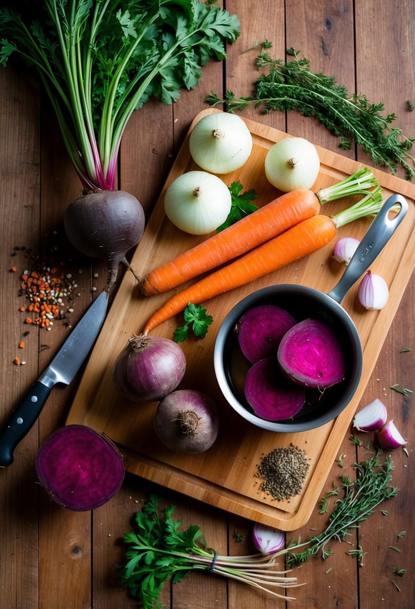 Fresh beets, carrots, and onions arranged on a wooden cutting board, surrounded by scattered herbs and spices. A pot and knife sit nearby