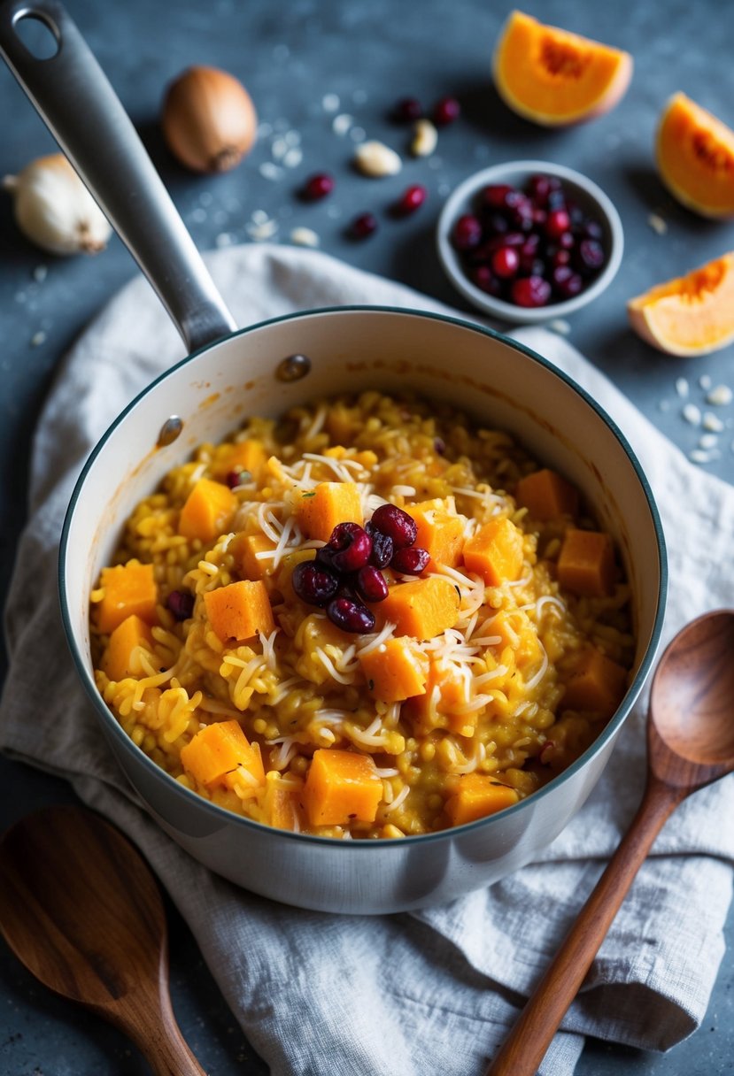 A steaming pot of creamy butternut squash and cranberry risotto, surrounded by scattered ingredients and a rustic wooden spoon