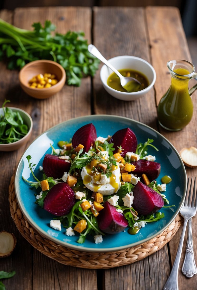 A rustic wooden table set with a colorful roasted beet and goat cheese salad, surrounded by fresh ingredients and a drizzle of vinaigrette