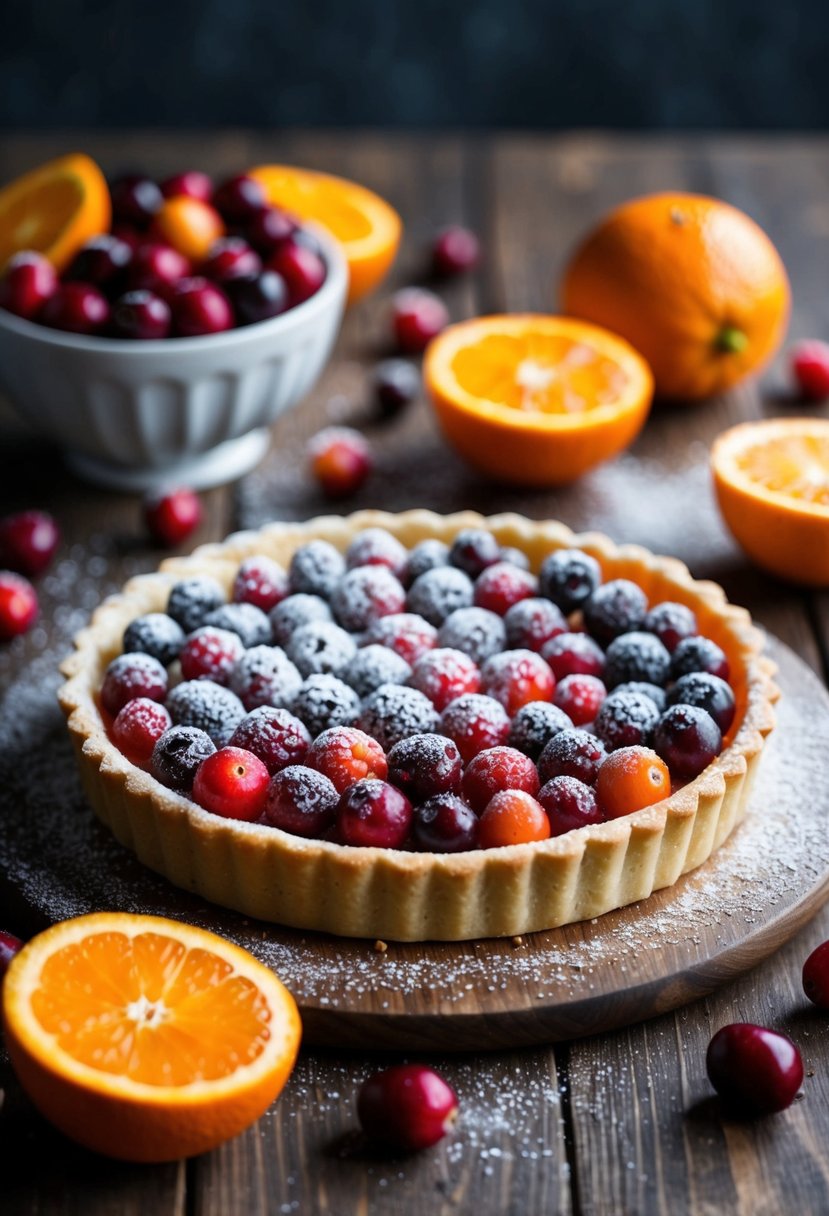 A rustic cranberry orange tart sits on a wooden table surrounded by fresh cranberries and oranges, with a sprinkle of powdered sugar on top