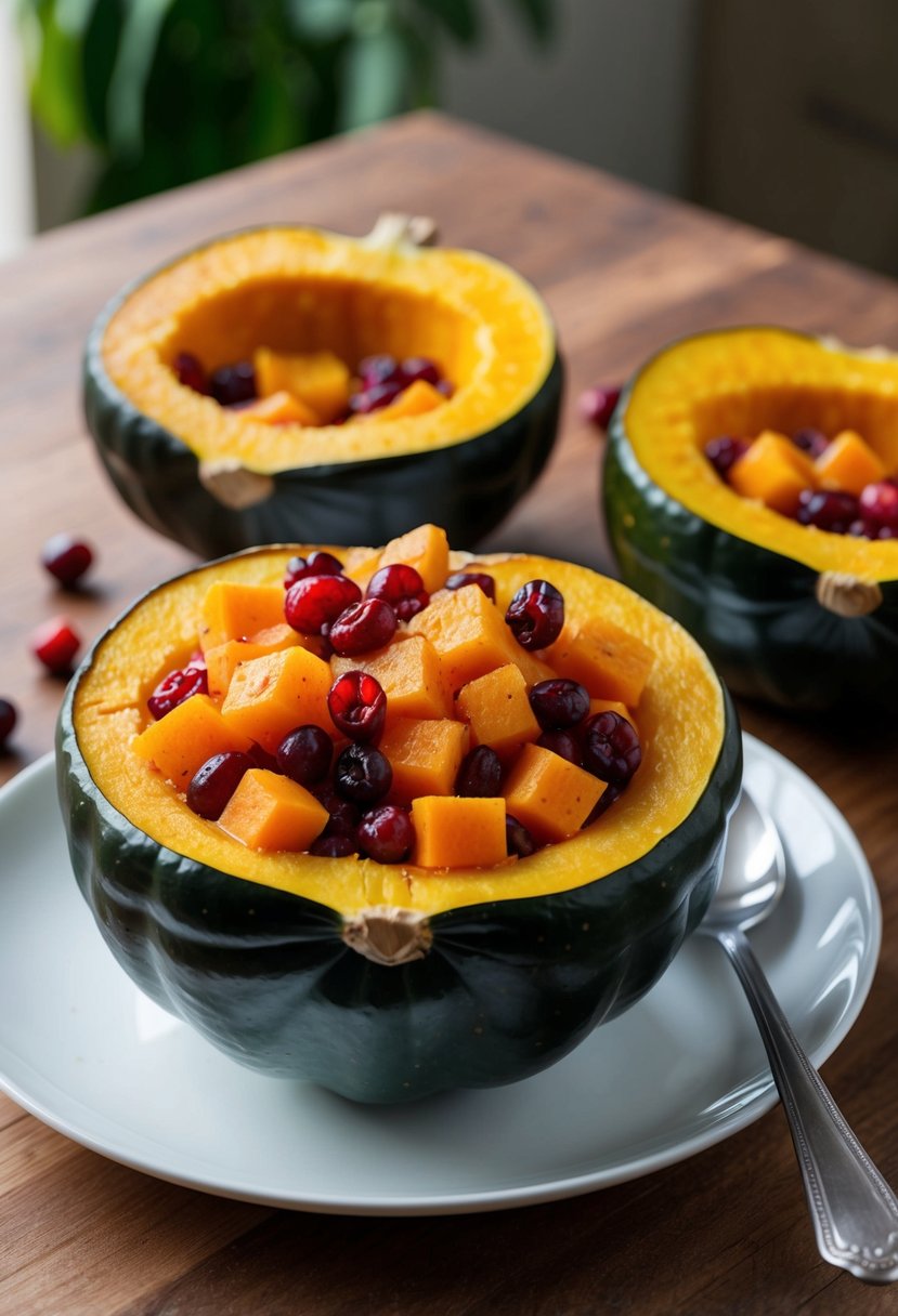 A halved acorn squash overflowing with a colorful mixture of butternut squash and cranberries, ready to be baked to perfection