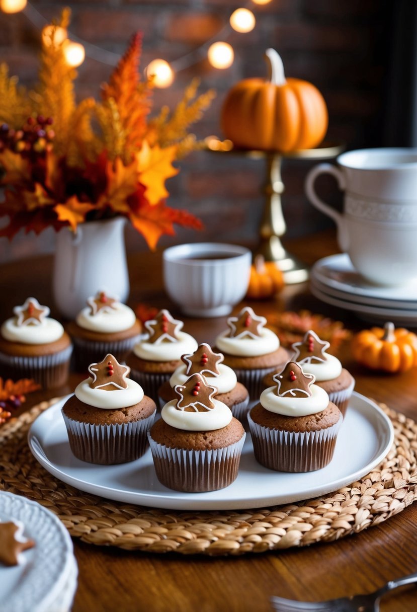 A table set with gingerbread cupcakes and fall-themed decorations