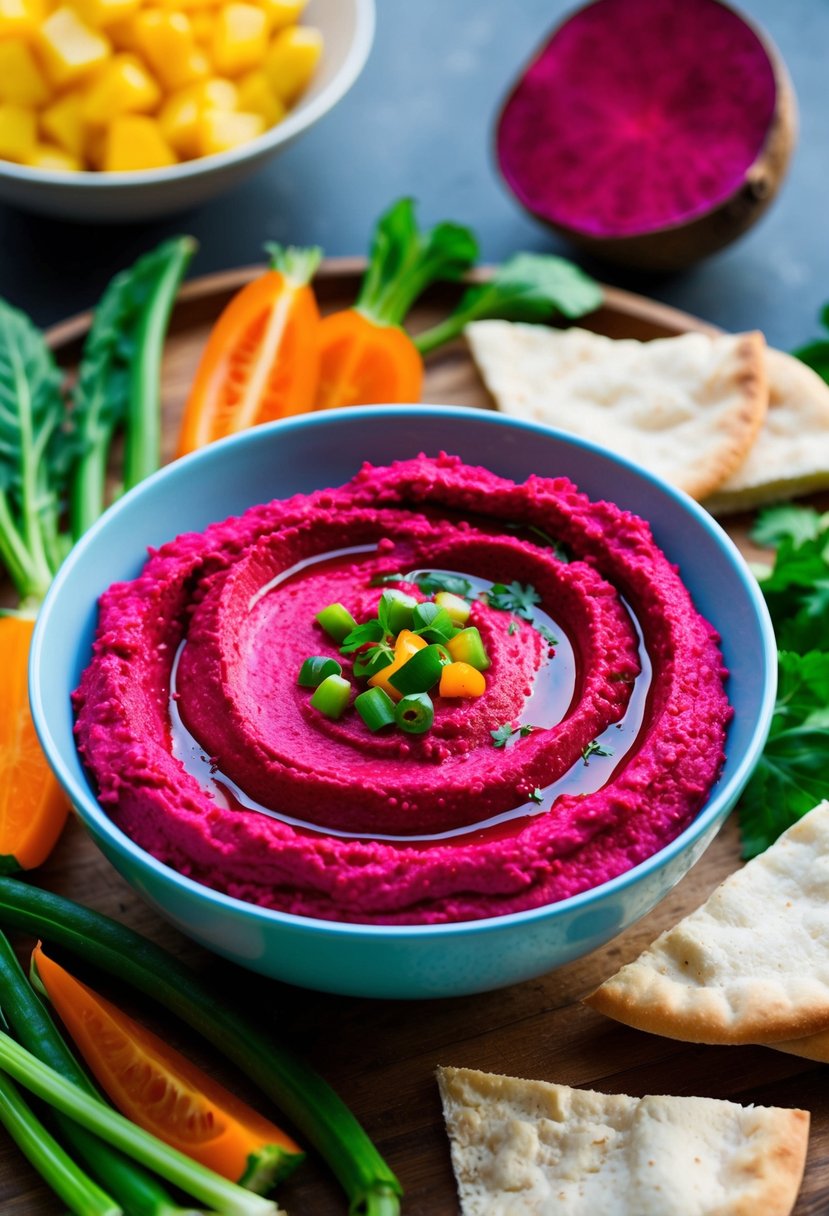 A bowl of vibrant beet hummus surrounded by fresh vegetables and pita bread