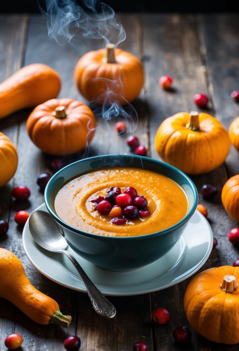 A steaming bowl of butternut squash soup topped with a vibrant cranberry garnish sits on a rustic wooden table, surrounded by scattered butternut squash and fresh cranberries