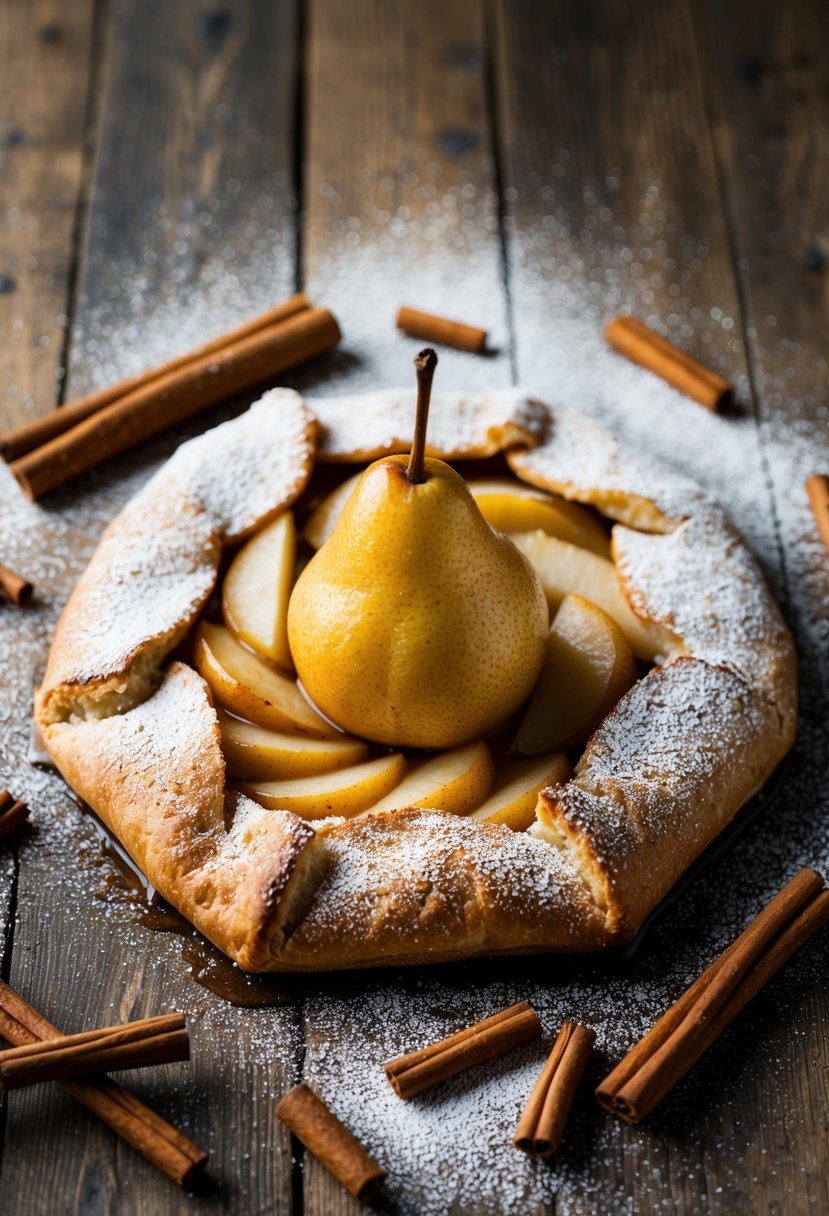 A golden-brown caramelized pear galette sits on a rustic wooden table, surrounded by scattered cinnamon sticks and a dusting of powdered sugar