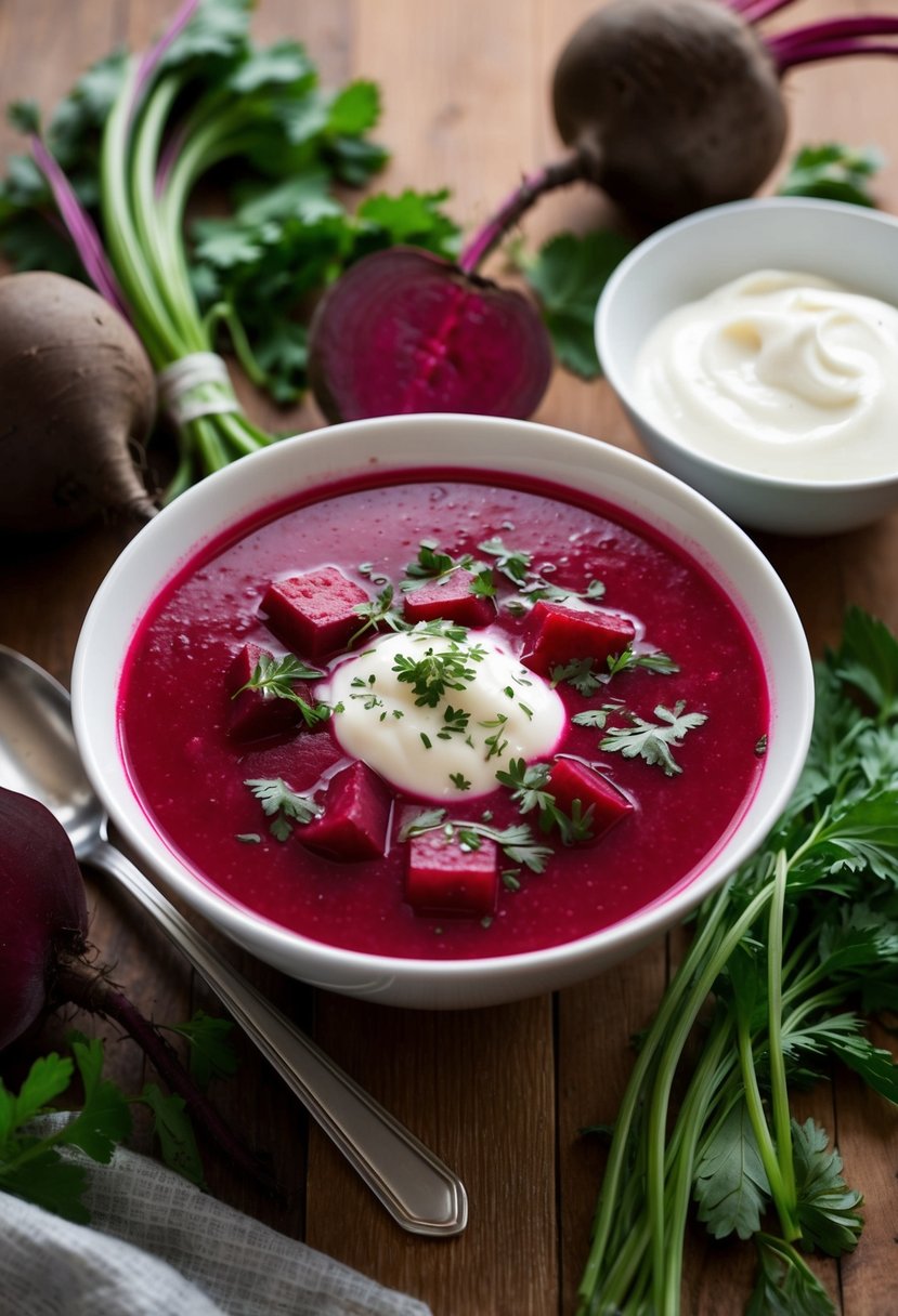 A steaming bowl of borscht soup surrounded by fresh beets, herbs, and a dollop of sour cream