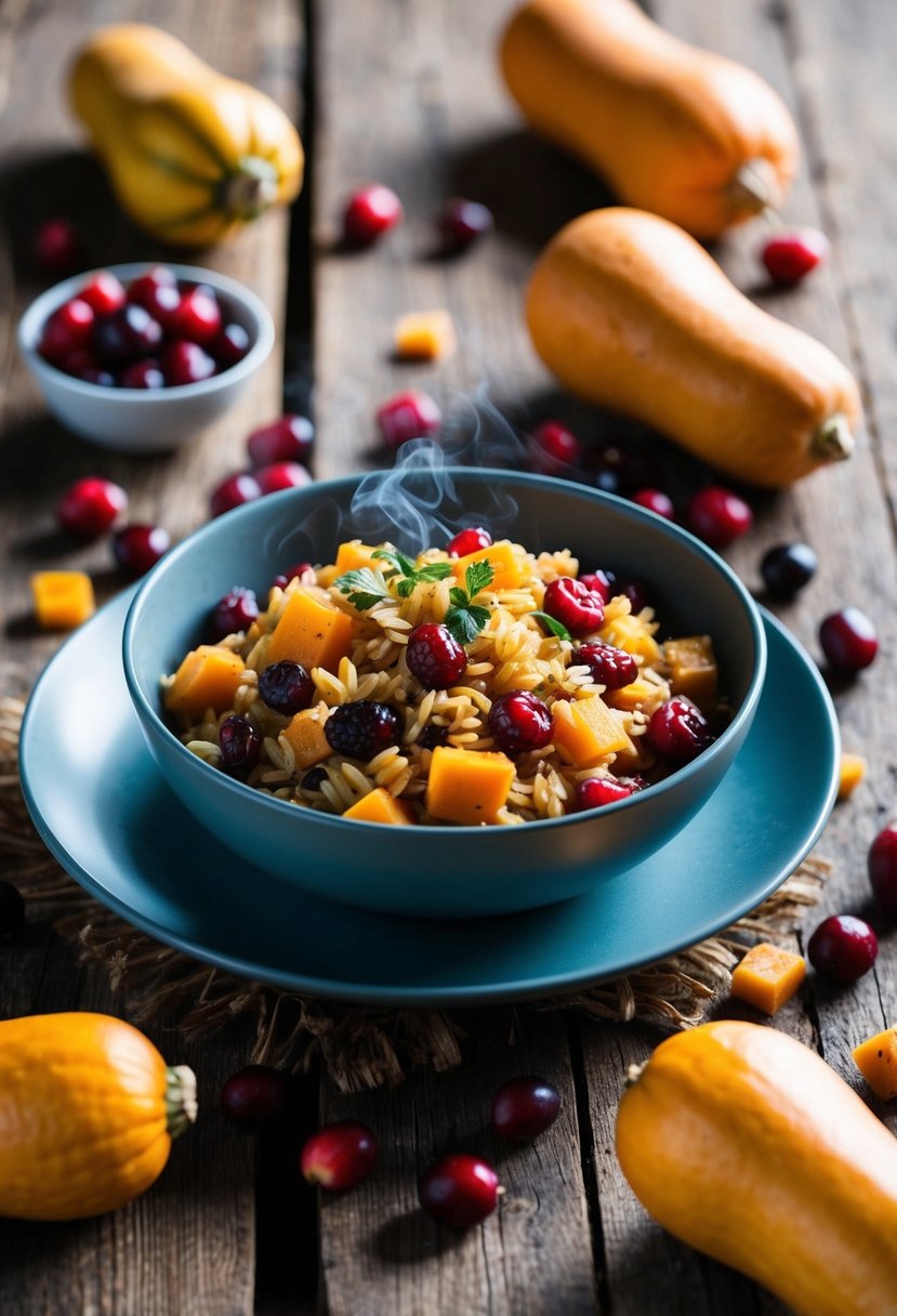 A rustic wooden table set with a steaming bowl of cranberry and butternut squash pilaf, surrounded by scattered cranberries and squash