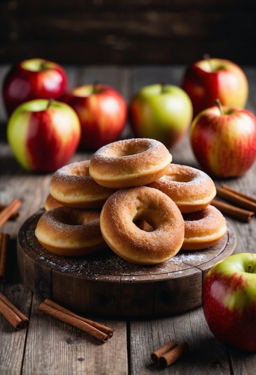 A rustic wooden table with a pile of golden brown apple cider donuts surrounded by cinnamon sticks and fresh apples