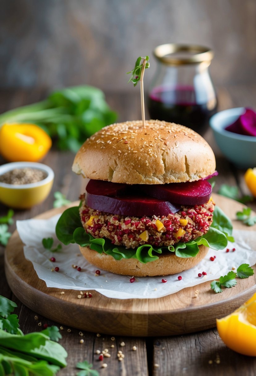 A colorful beetroot and quinoa burger on a rustic wooden board with fresh ingredients scattered around