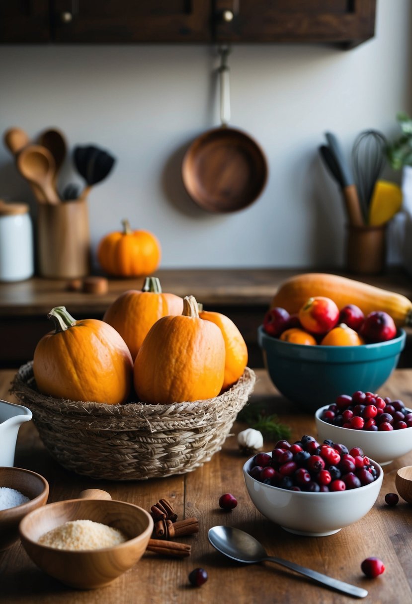 A rustic kitchen counter with a basket of butternut squash and a bowl of fresh cranberries, surrounded by baking ingredients and utensils