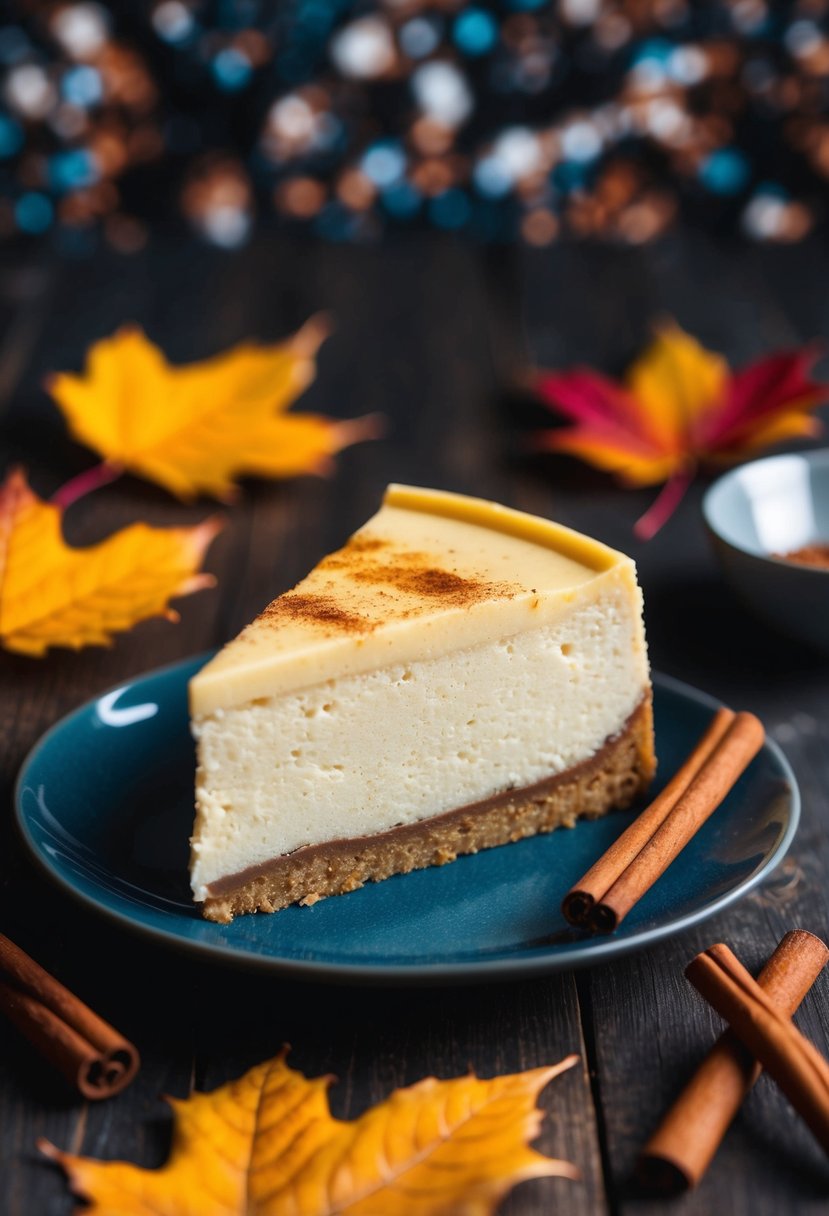 A slice of chai spiced cheesecake surrounded by fall leaves and cinnamon sticks