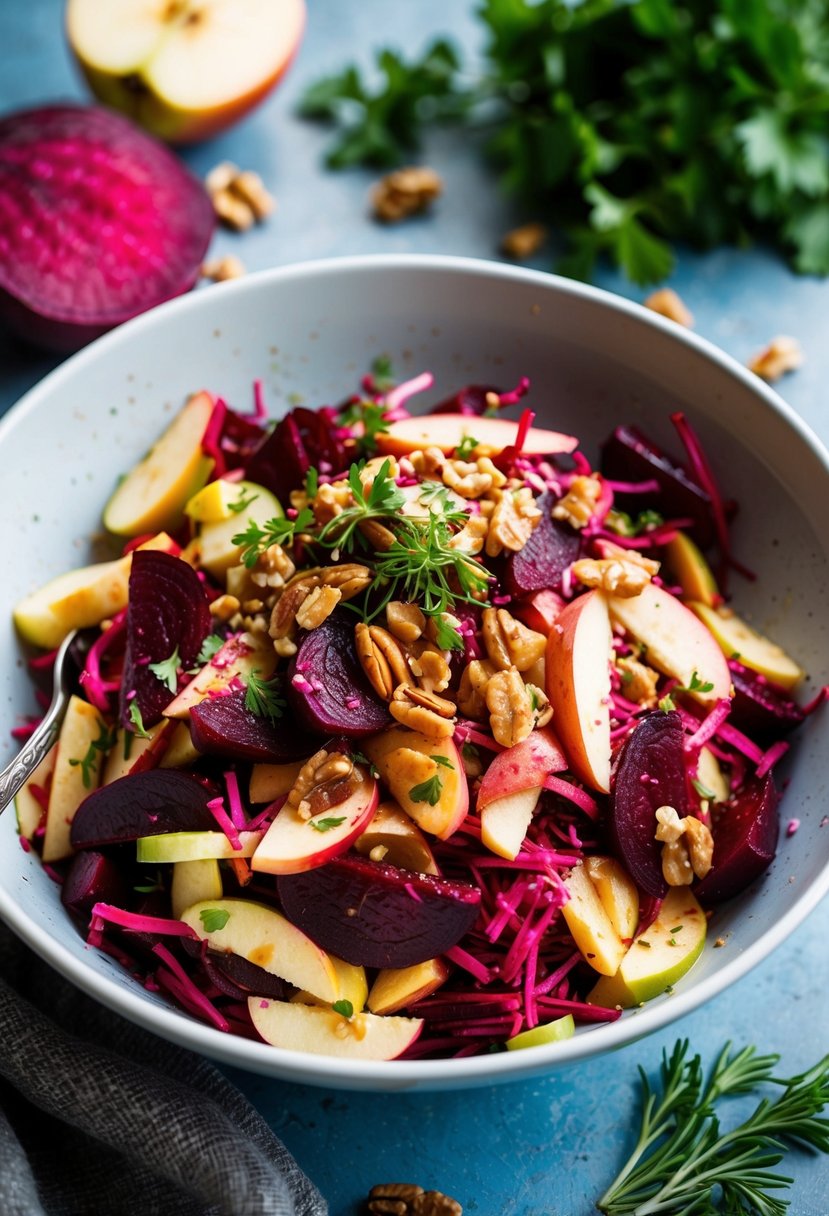 A colorful bowl of shredded beets and apples mixed together with a tangy dressing, garnished with fresh herbs and nuts