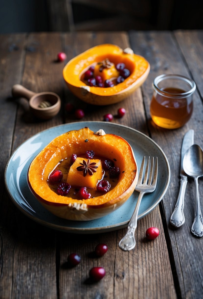 A rustic wooden table set with a roasted butternut squash dish topped with glistening honey and scattered cranberries