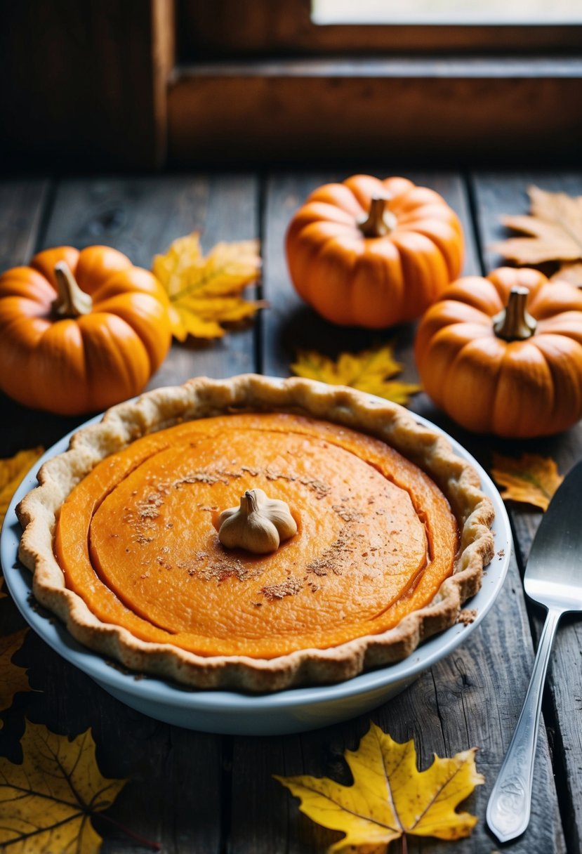 A butternut squash pie cooling on a rustic wooden table, surrounded by autumn leaves and a sprinkle of cinnamon