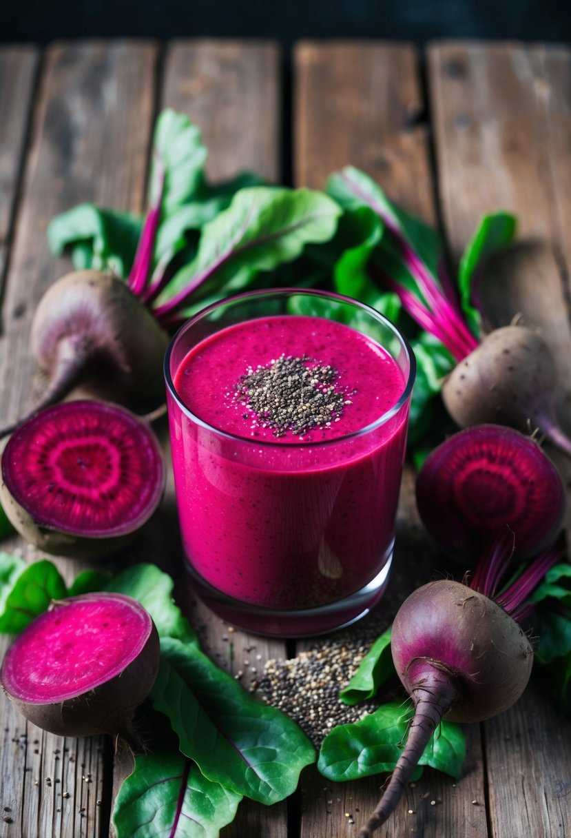 A colorful beet smoothie surrounded by fresh beets, leafy greens, and a scattering of chia seeds on a rustic wooden table