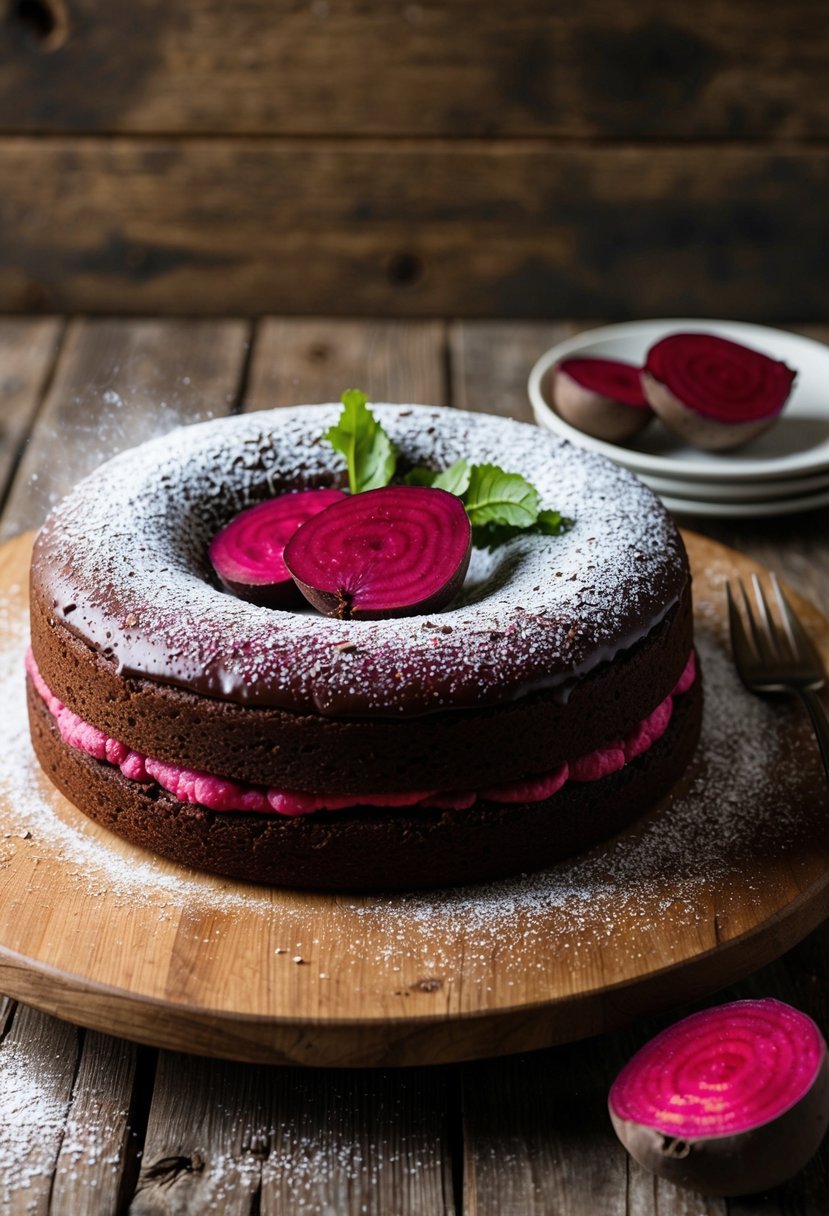 A rich chocolate beet cake sits on a rustic wooden table, garnished with a dusting of powdered sugar and a few fresh beet slices