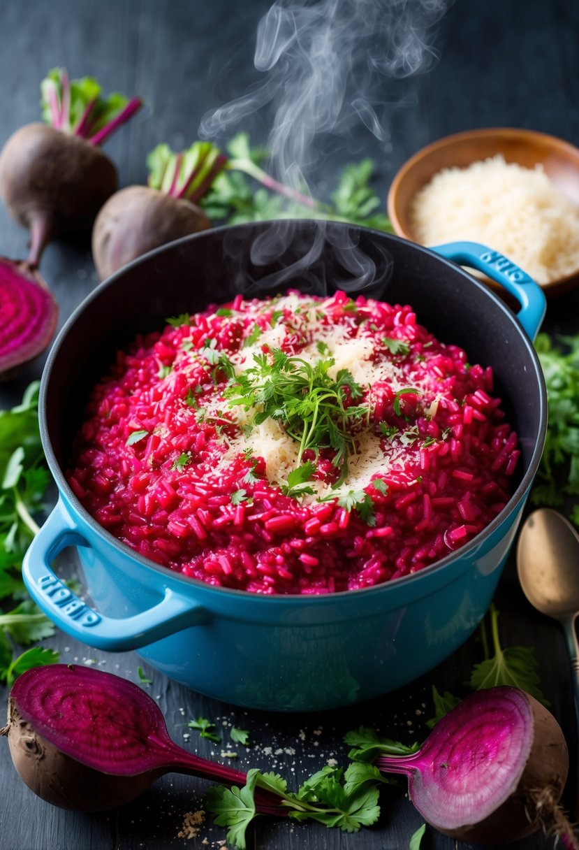 A steaming pot of creamy beetroot risotto surrounded by fresh beets, herbs, and a sprinkle of parmesan cheese