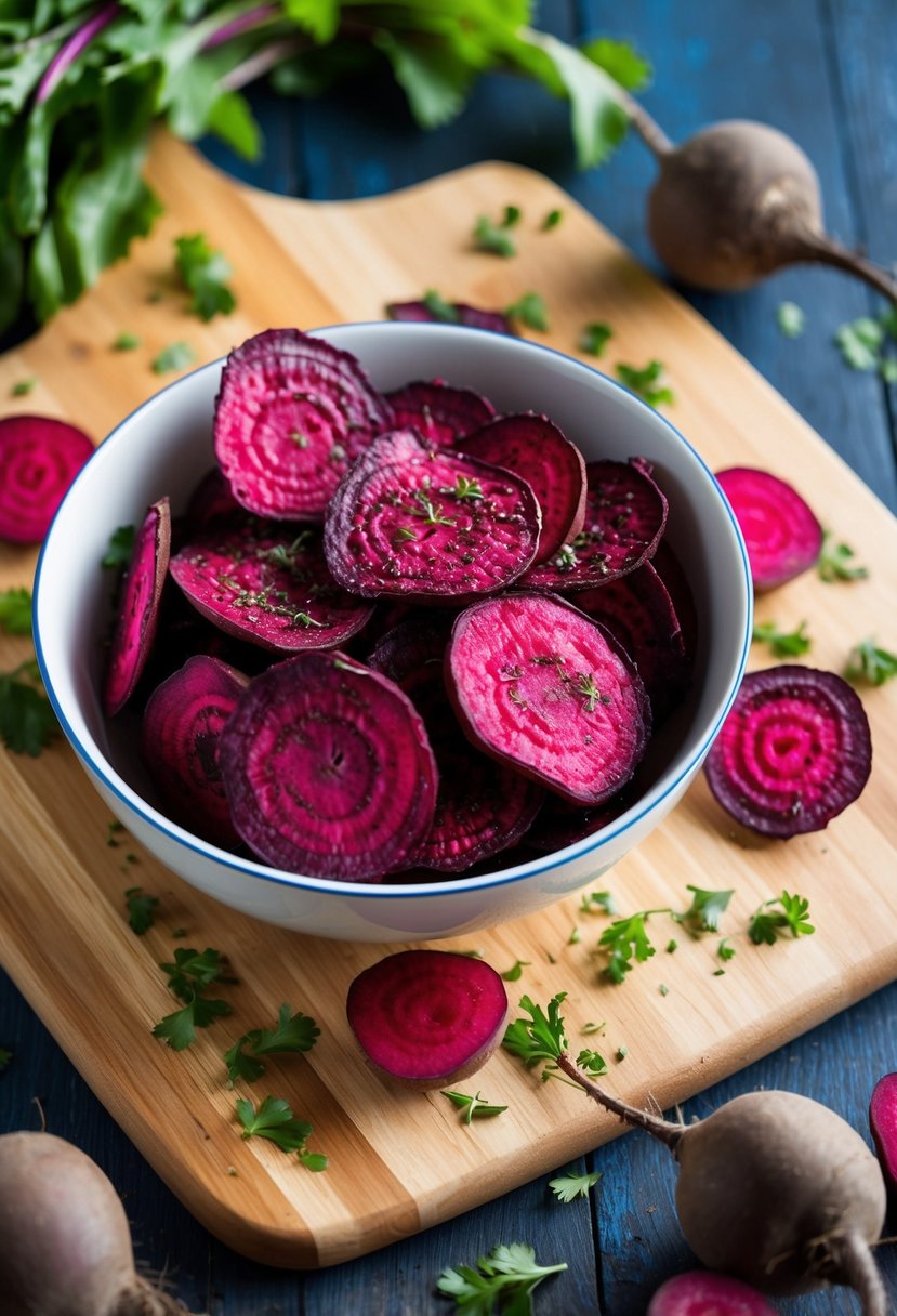 A bowl of crispy beet chips surrounded by fresh beets and scattered herbs on a wooden cutting board