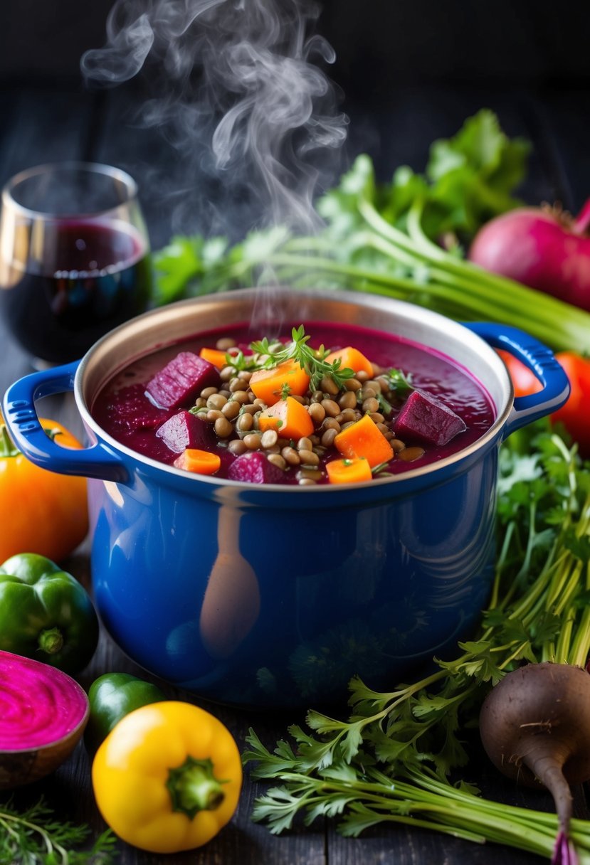 A steaming pot of beet and lentil stew surrounded by colorful vegetables and herbs