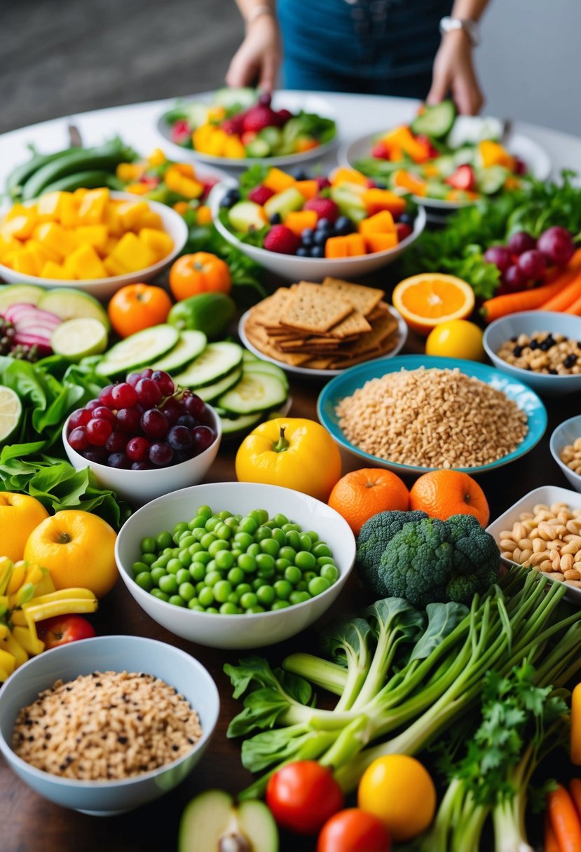 A table spread with a variety of colorful, healthy foods including fruits, vegetables, lean proteins, and whole grains