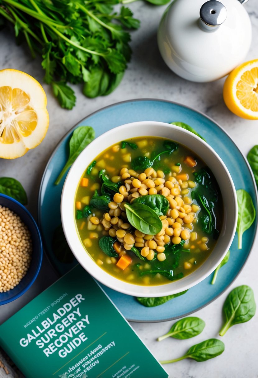 A bowl of lentil soup with spinach, surrounded by fresh ingredients and a gallbladder surgery recovery guide