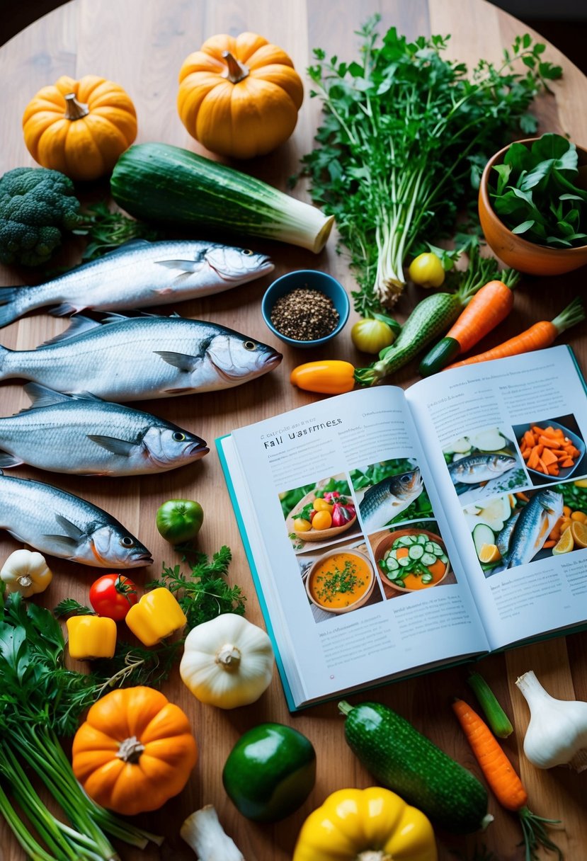 A wooden table with various fresh fish, colorful vegetables, and herbs arranged next to a cookbook open to fall fish recipes