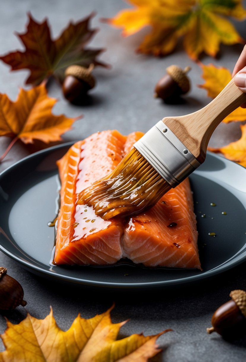 A succulent salmon fillet being brushed with a shiny maple glaze, surrounded by autumn leaves and acorns