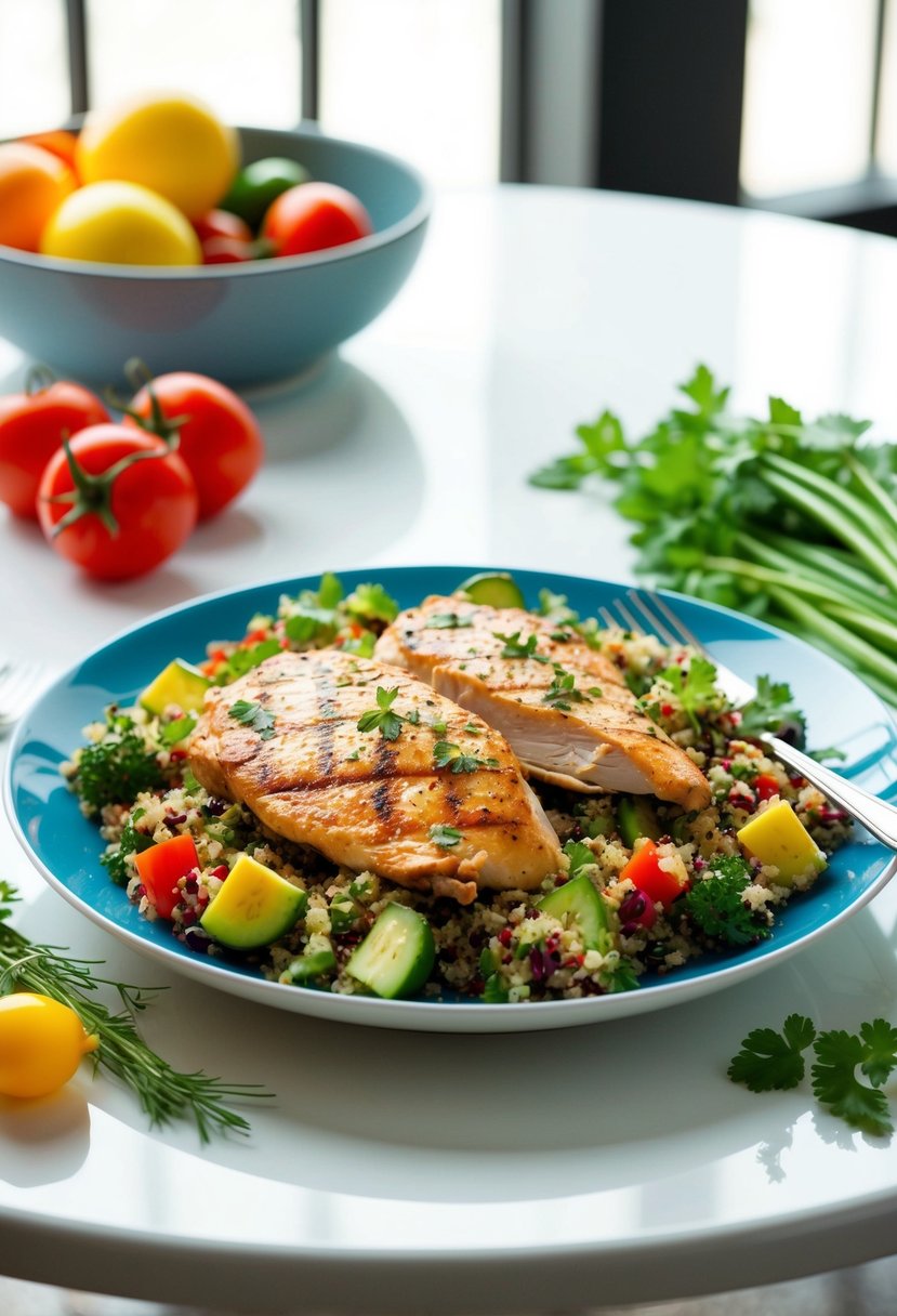 A plate of grilled chicken and quinoa salad, surrounded by colorful vegetables and herbs, sits on a clean, white table