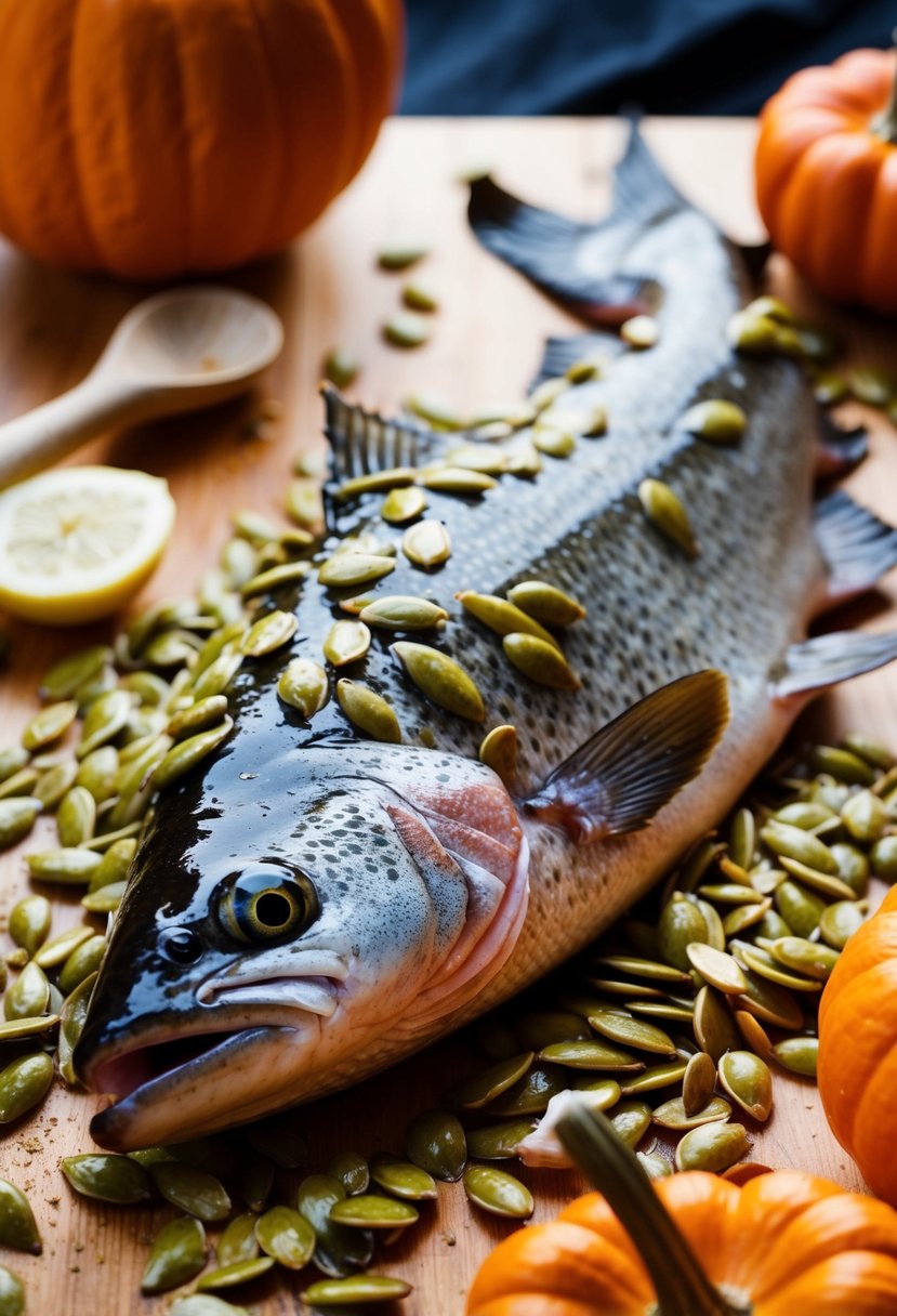 A whole trout fish coated in pumpkin seeds, ready for cooking