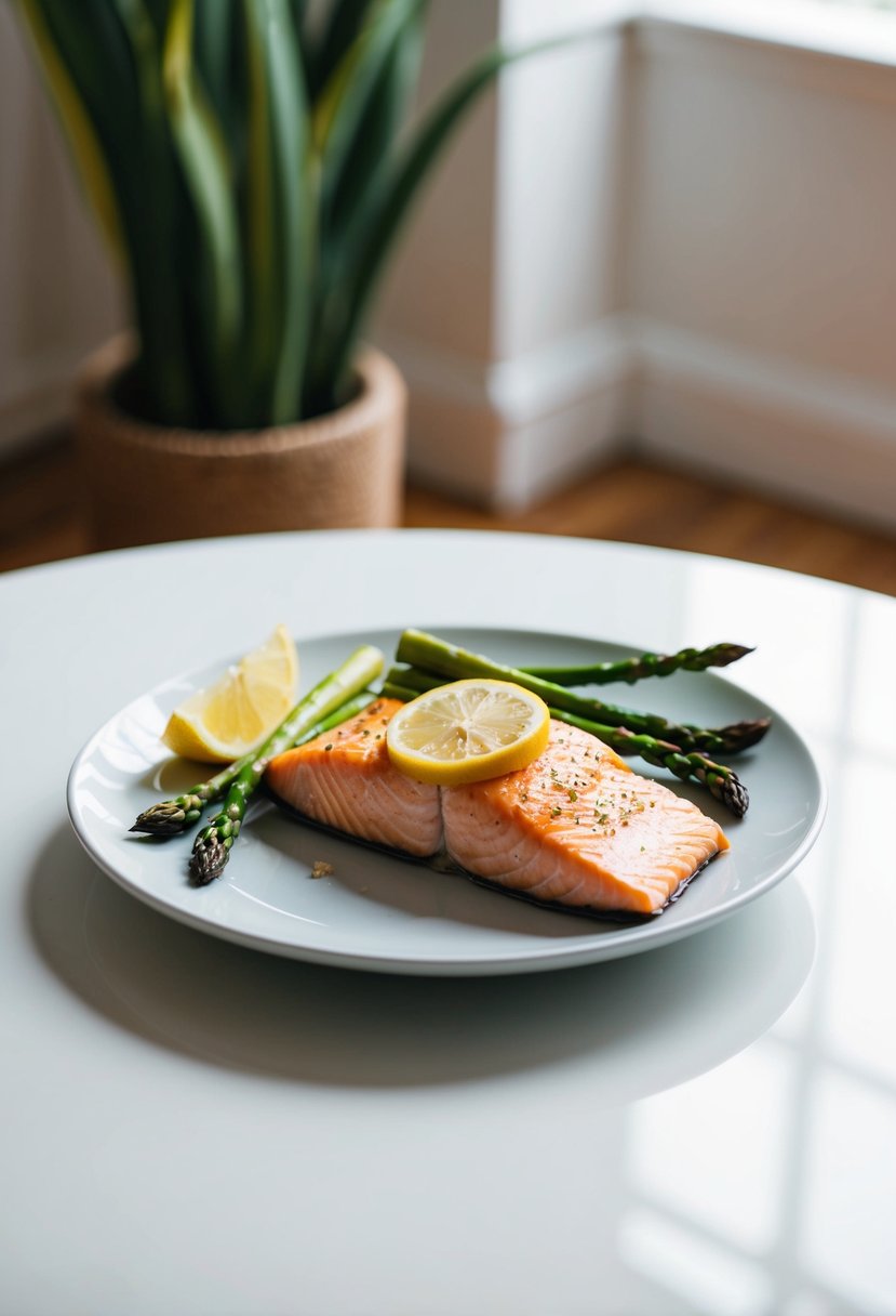 A plate of baked salmon and asparagus, with a side of lemon wedges, sits on a clean, white table. The salmon is flaky and golden, and the asparagus is vibrant green