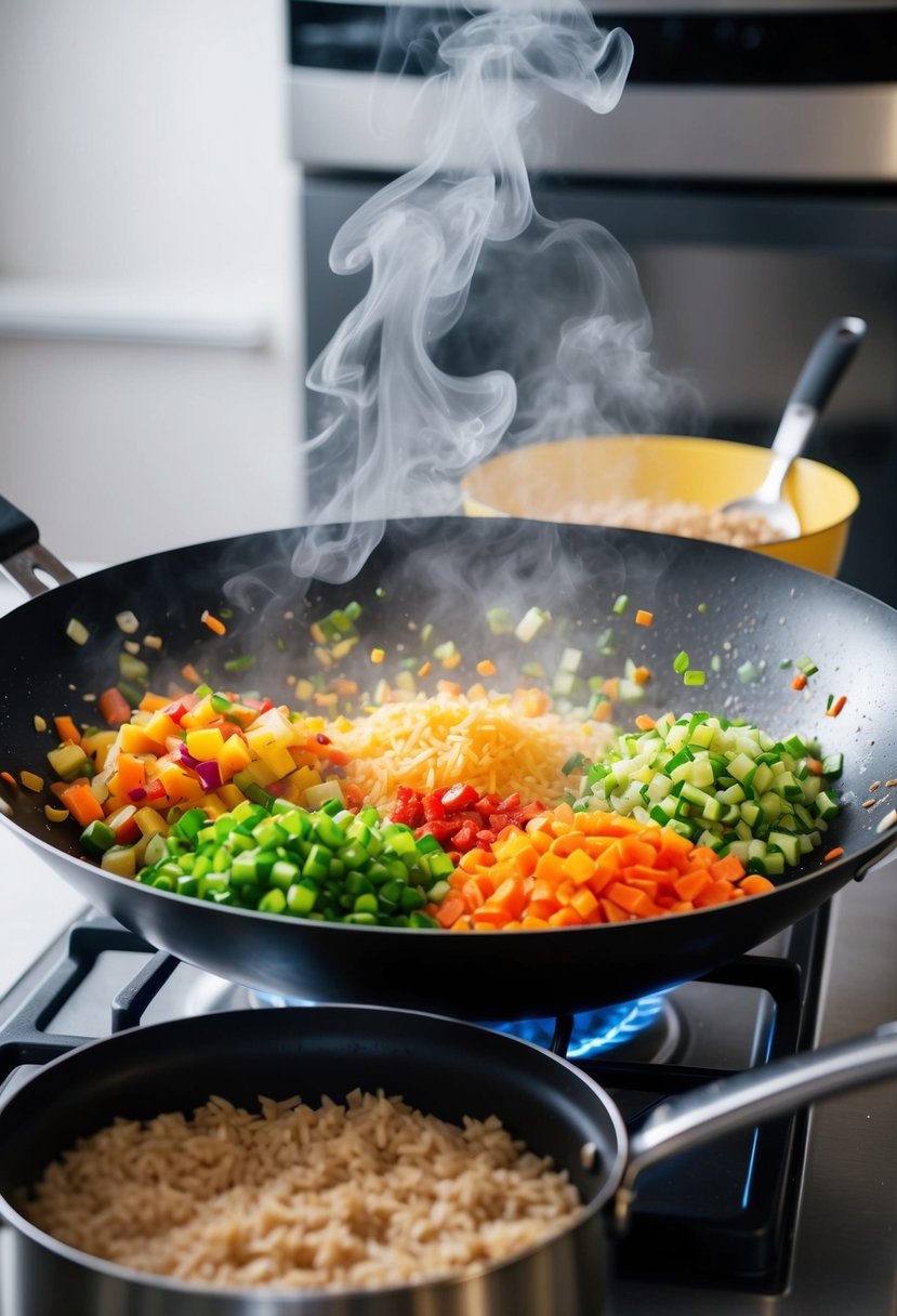 A colorful array of chopped vegetables sizzling in a wok, with steam rising and a pot of brown rice simmering on the stove