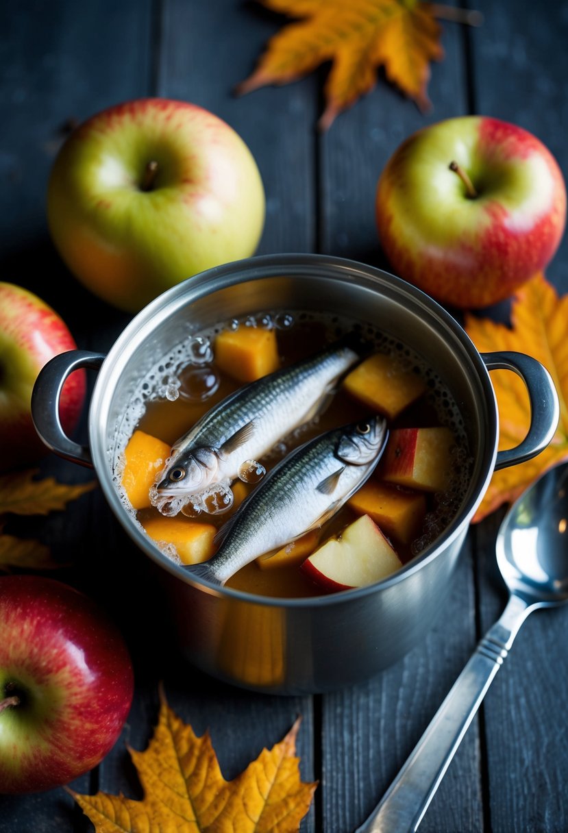 A pot of apple cider bubbles as haddock fish poaches, surrounded by autumn leaves and apples