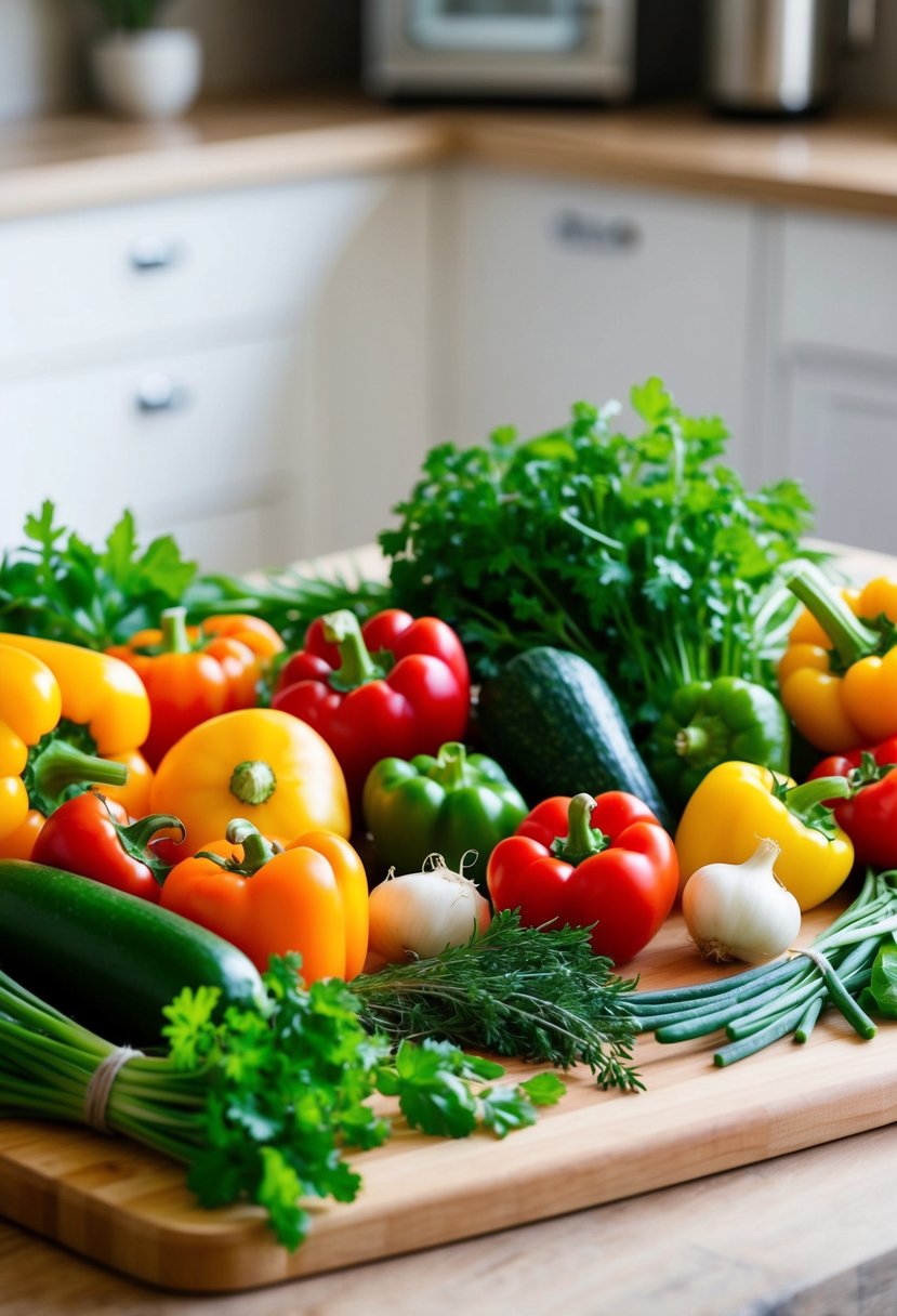 A colorful array of fresh vegetables and herbs arranged on a clean, wooden cutting board