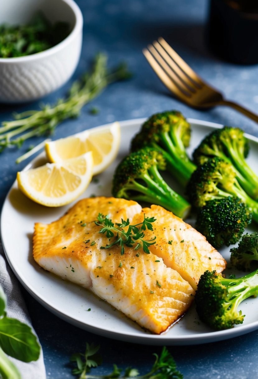 A plate with broiled tilapia and steamed broccoli, with a side of lemon wedges and a sprinkle of herbs