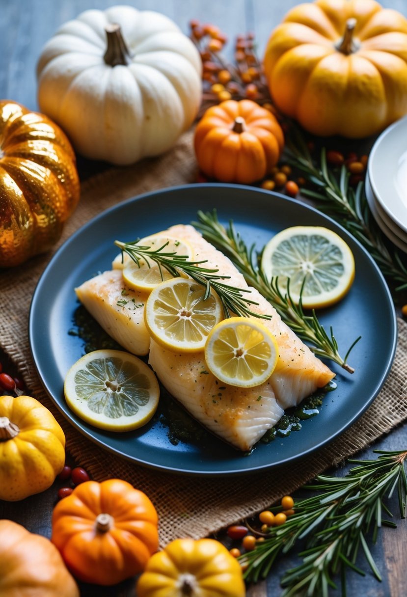 A plate of baked cod fish topped with rosemary and lemon slices, surrounded by fall-themed decor