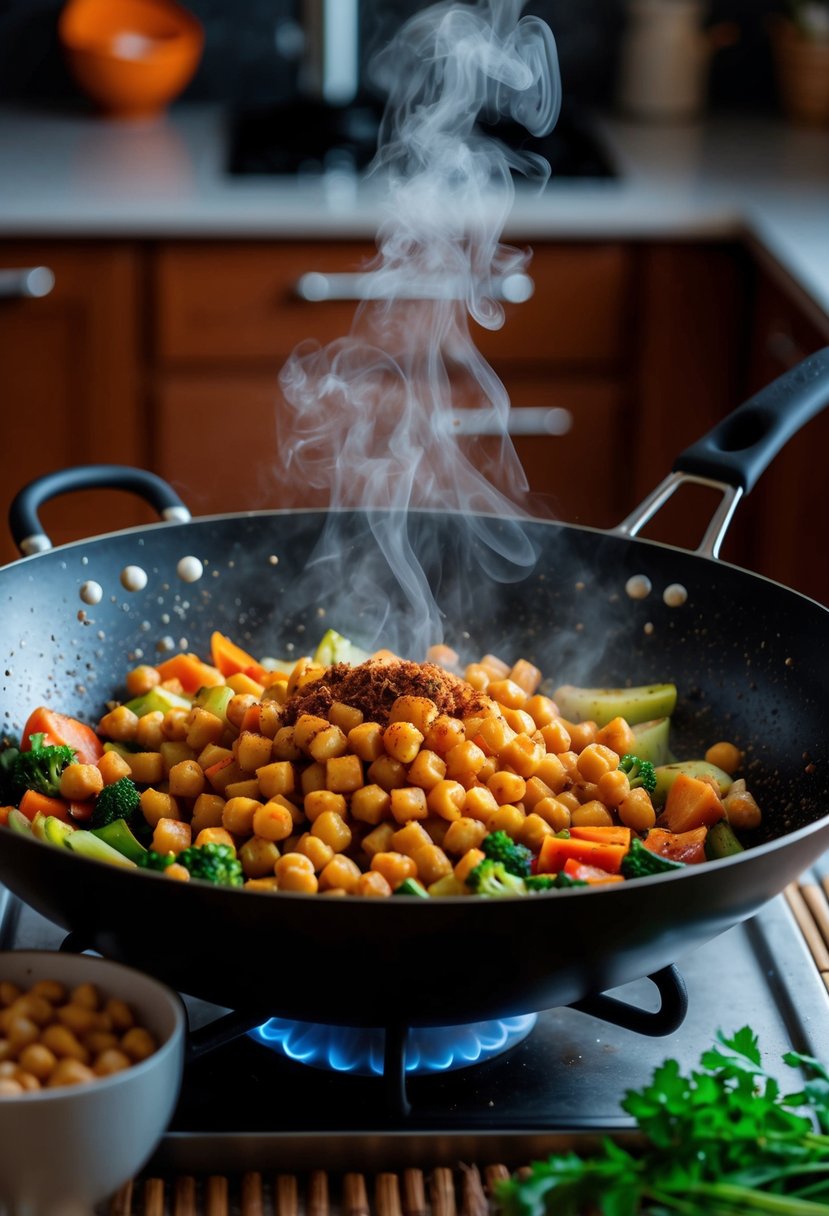 A sizzling wok filled with colorful vegetables and chickpeas, steam rising, with a sprinkle of spices in the air