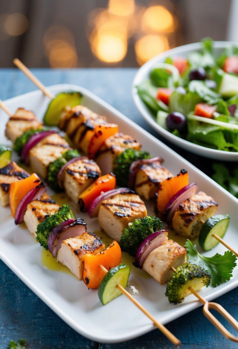 A plate of grilled turkey and vegetable skewers arranged on a white, rectangular serving dish with a side of fresh salad