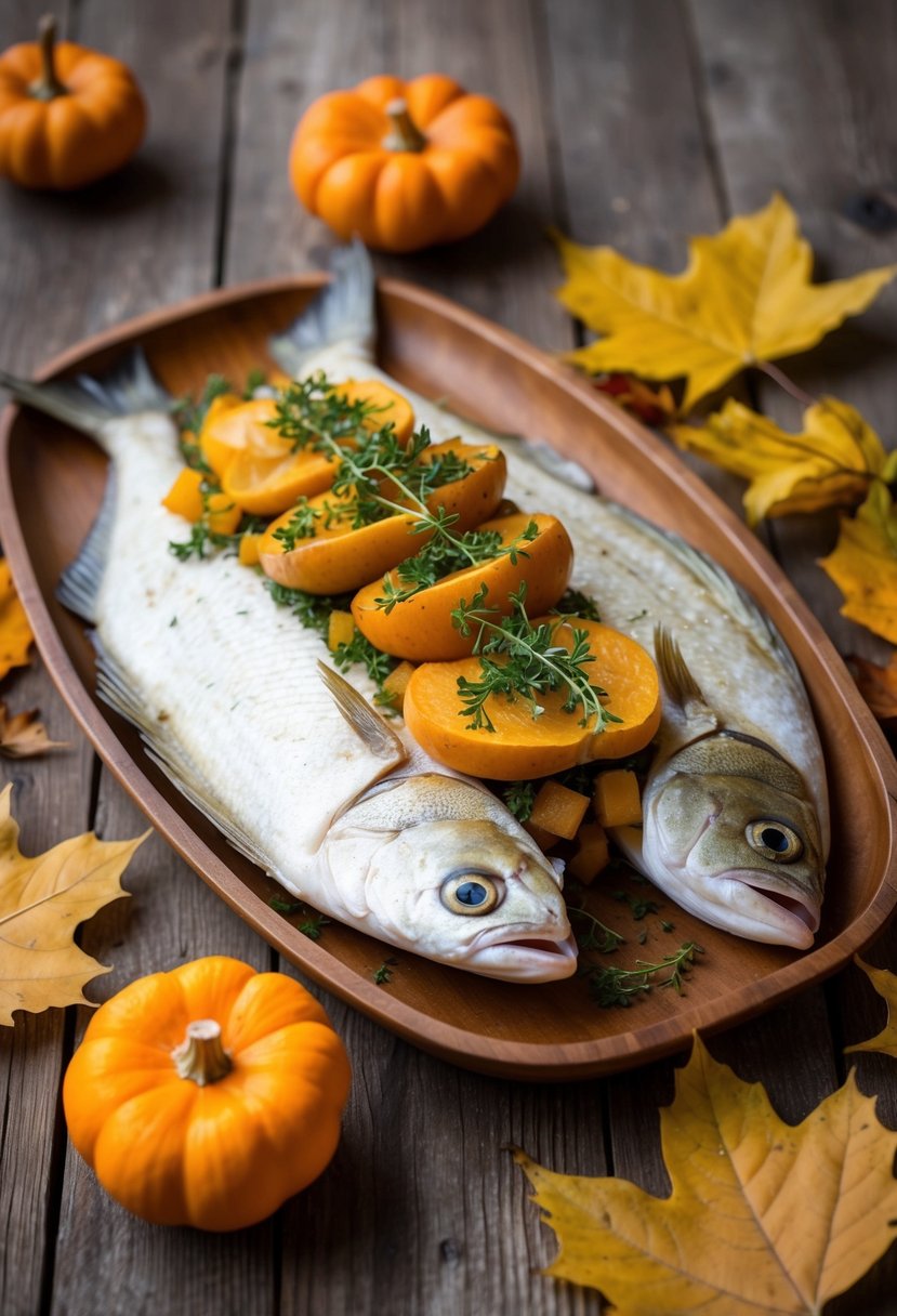 A golden-brown flounder fish, stuffed with butternut squash and herbs, surrounded by autumn leaves and a rustic wooden table