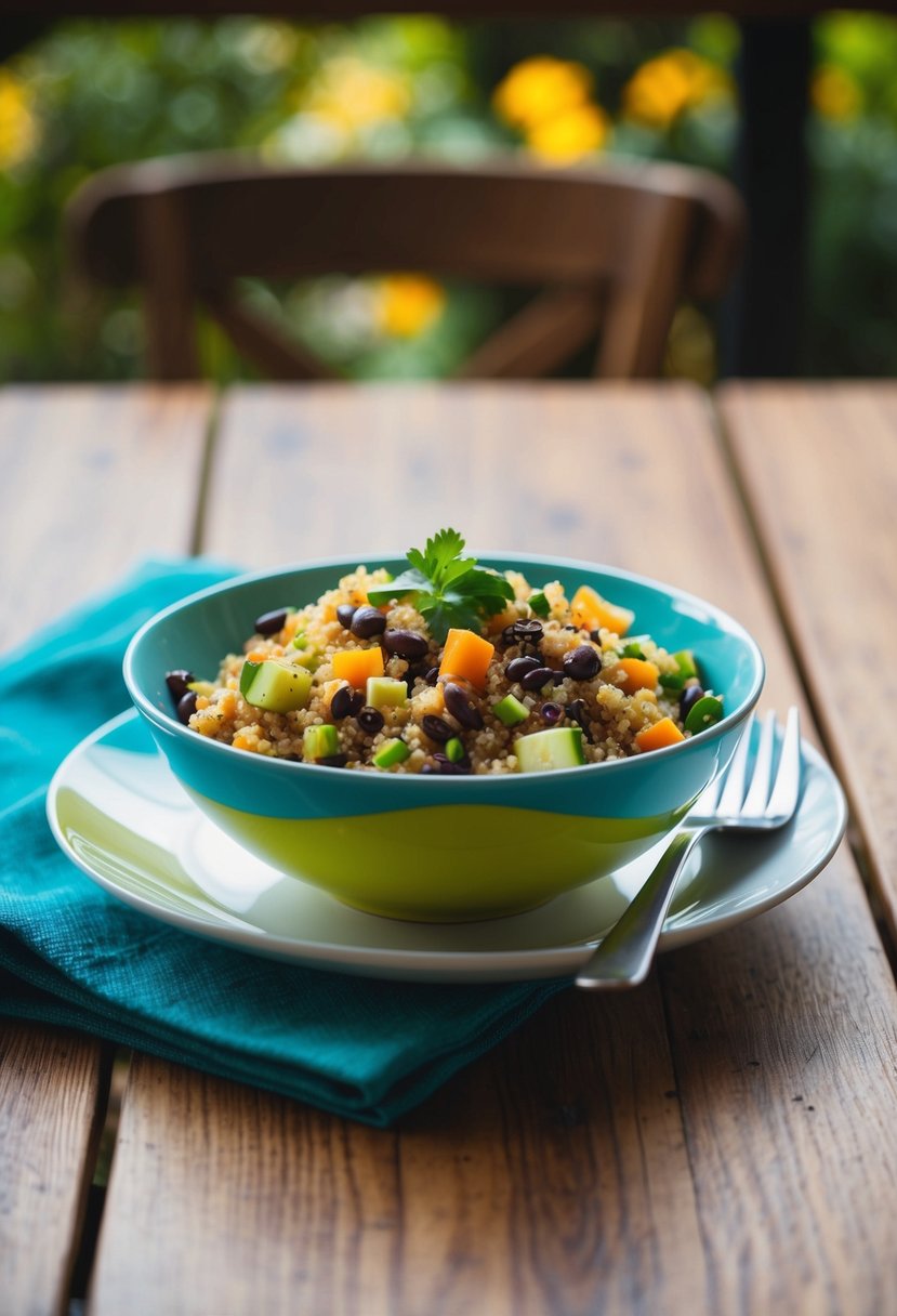 A colorful bowl of quinoa and black bean salad with fresh vegetables and a light vinaigrette dressing on a wooden table