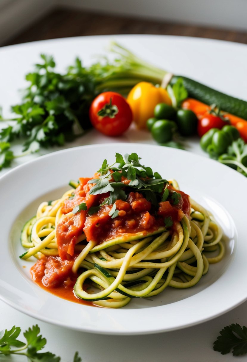 A plate of zucchini noodles topped with marinara sauce, surrounded by fresh herbs and colorful vegetables, sits on a clean, white table