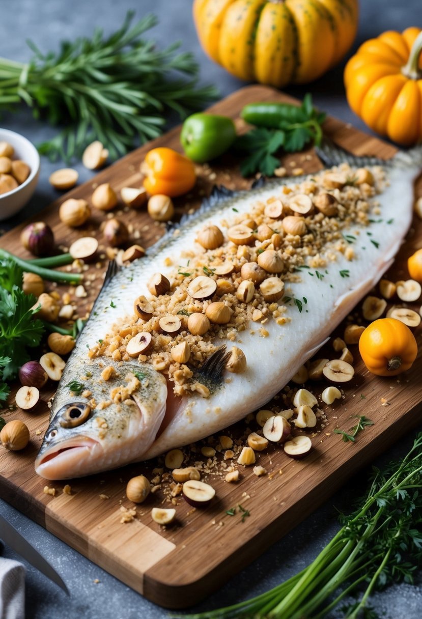 A tilapia fish fillet coated in crushed hazelnuts, surrounded by fall vegetables and herbs on a wooden cutting board