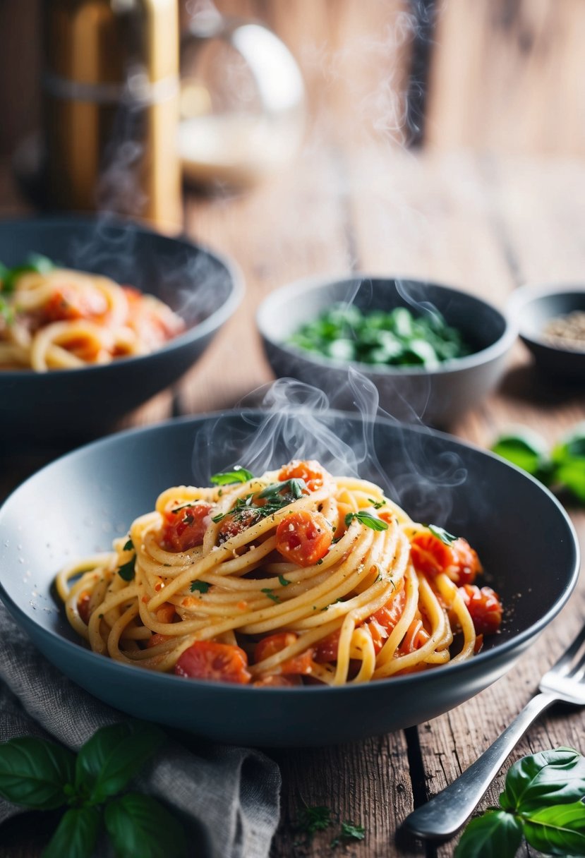 A steaming bowl of creamy tomato basil pasta with a sprinkle of fresh herbs on a rustic wooden table