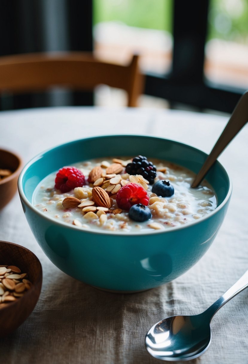 A bowl of oatmeal with almond milk and berries on a table