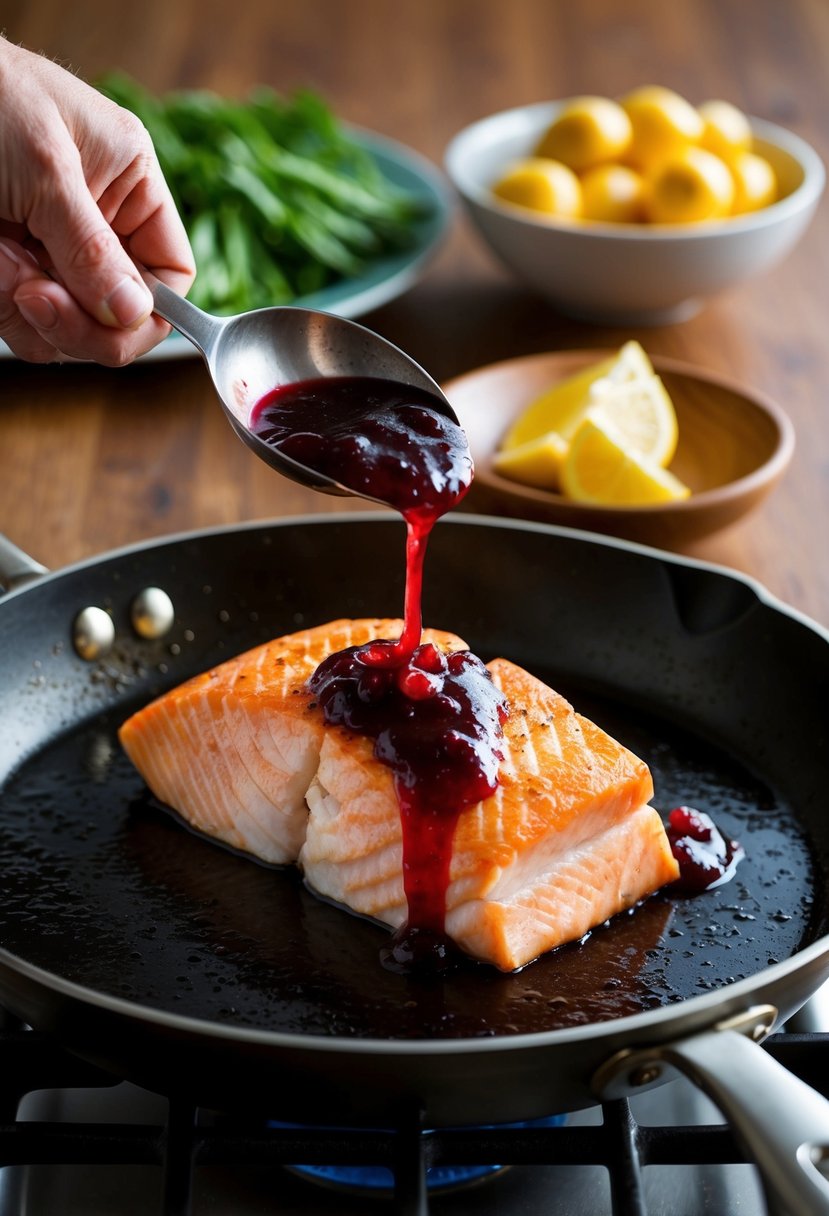 A mahi mahi fish fillet being glazed with a cranberry sauce on a sizzling hot skillet